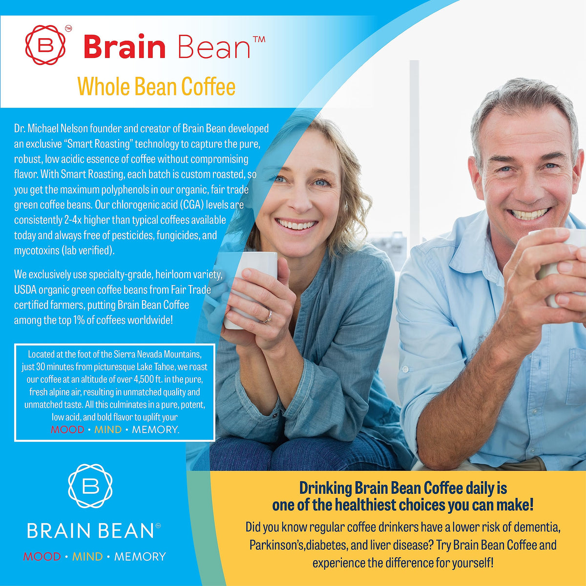 Brain Bean Organic Coffee – Smooth Medium Roast, High Antioxidants, USDA Organic – 16 oz Whole Bean