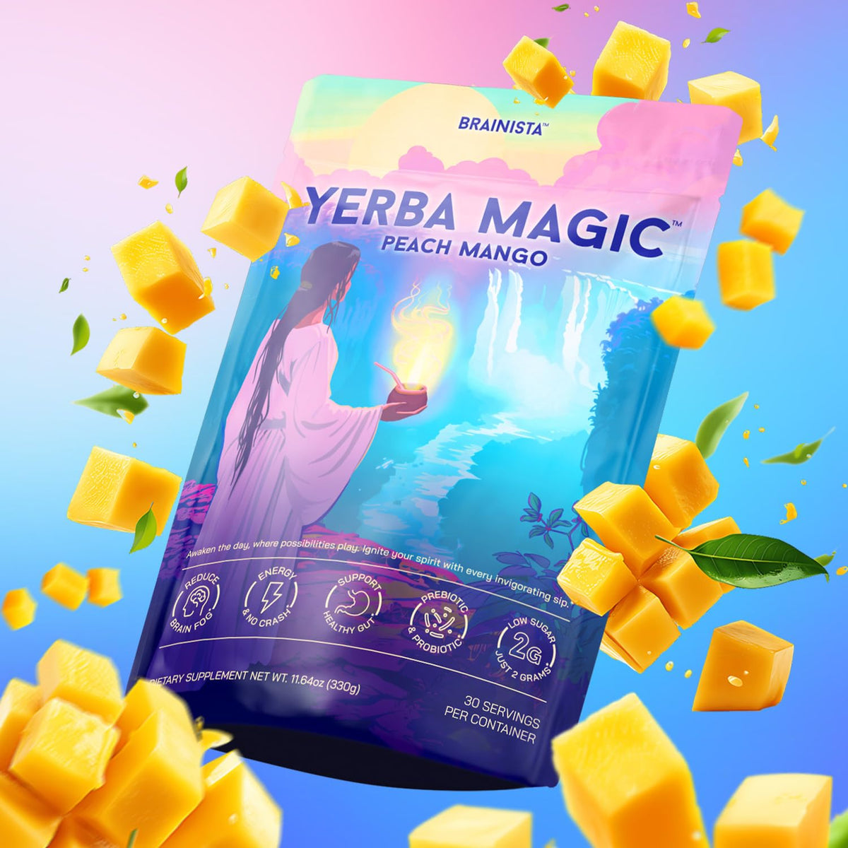 Brainista Yerba Magic Yerba Mate Powder Packets – Instant Clean Energy, Focus & Gut Health (Peach Mango) | 20 Sticks