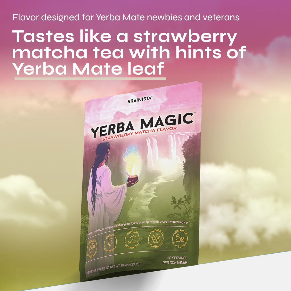 Brainista Yerba Magic Yerba Mate Packets – Instant Clean Energy & Focus (Strawberry Matcha, 20 Sticks)