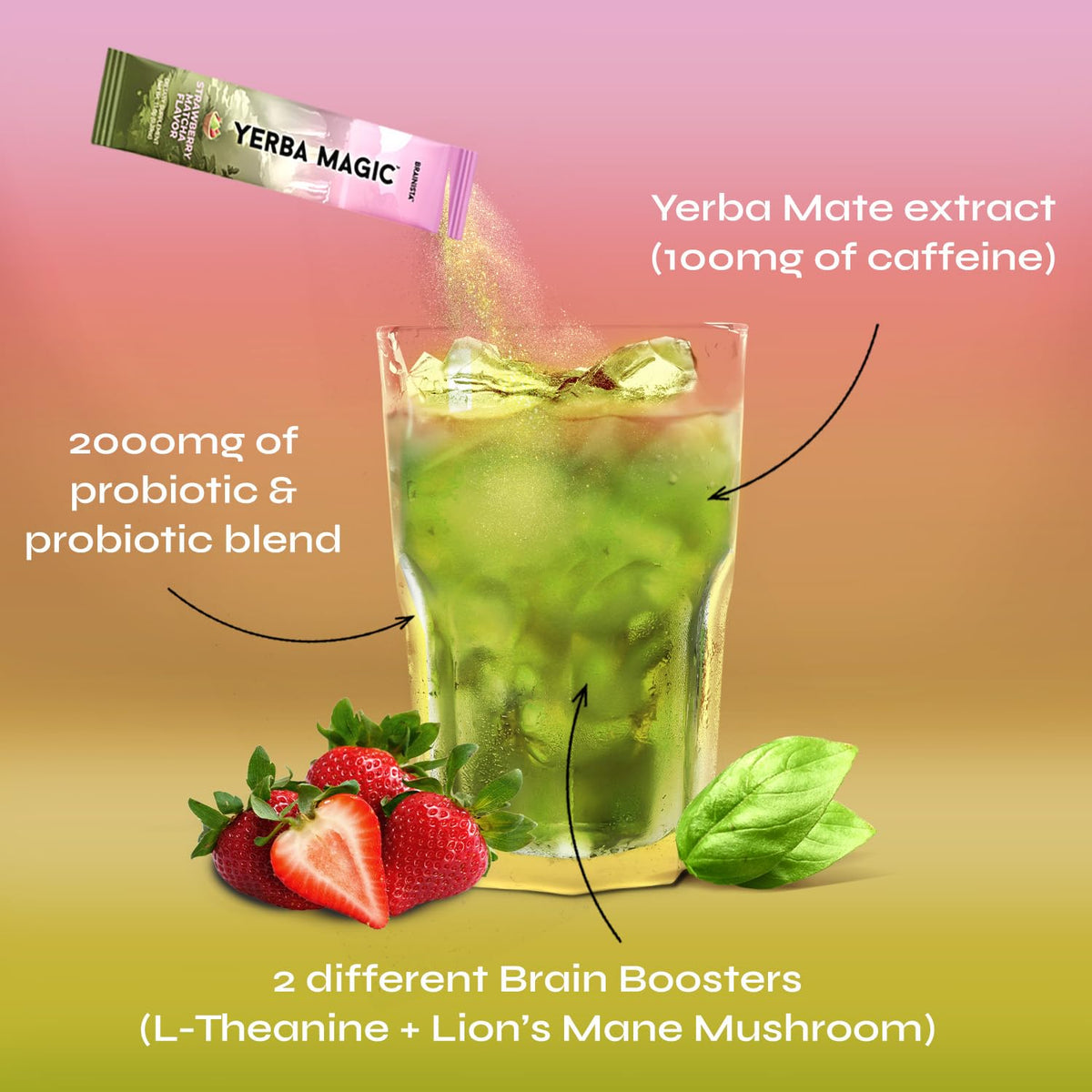 Brainista Yerba Magic Yerba Mate Packets – Instant Clean Energy & Focus (Strawberry Matcha, 20 Sticks)