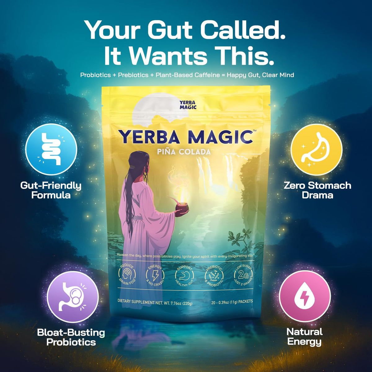 Brainista Yerba Magic Yerba Mate Packets – Instant Clean Energy, Focus & Gut Health (Pina Colada, 20 Sticks)