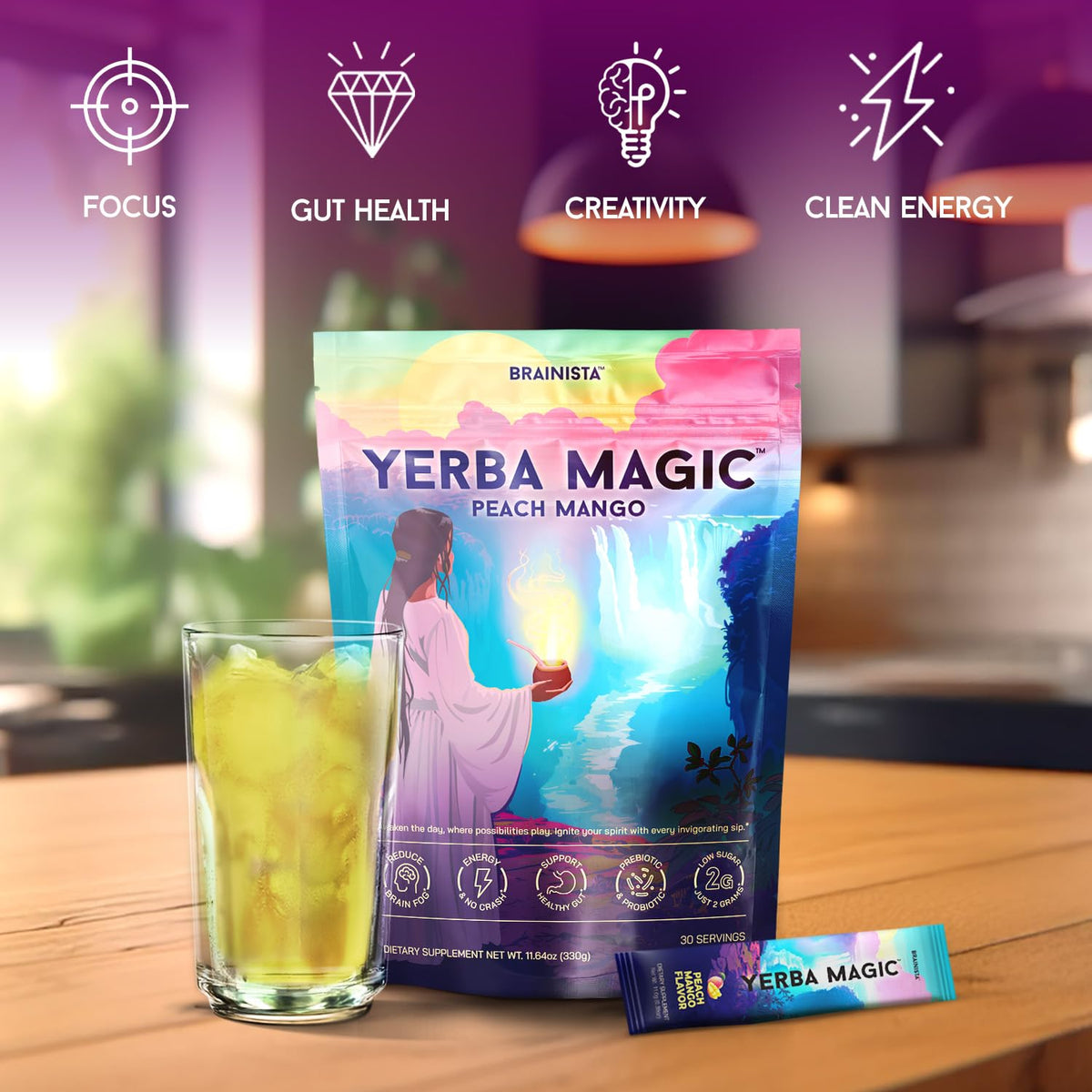 Brainista Yerba Magic Yerba Mate Powder Packets – Instant Clean Energy, Focus & Gut Health (Peach Mango) | 20 Sticks