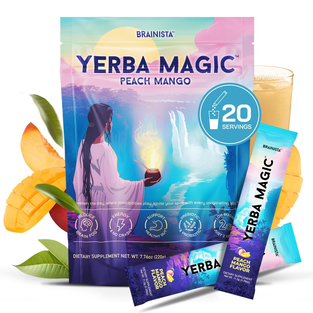 Brainista Yerba Magic Yerba Mate Powder Packets – Instant Clean Energy, Focus & Gut Health (Peach Mango) | 20 Sticks