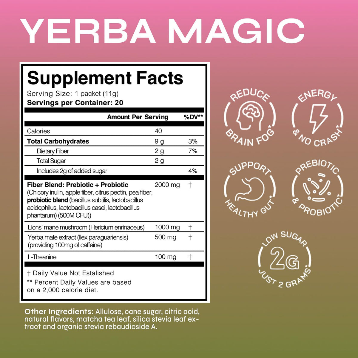 Brainista Yerba Magic Yerba Mate Packets – Instant Clean Energy & Focus (Strawberry Matcha, 20 Sticks)