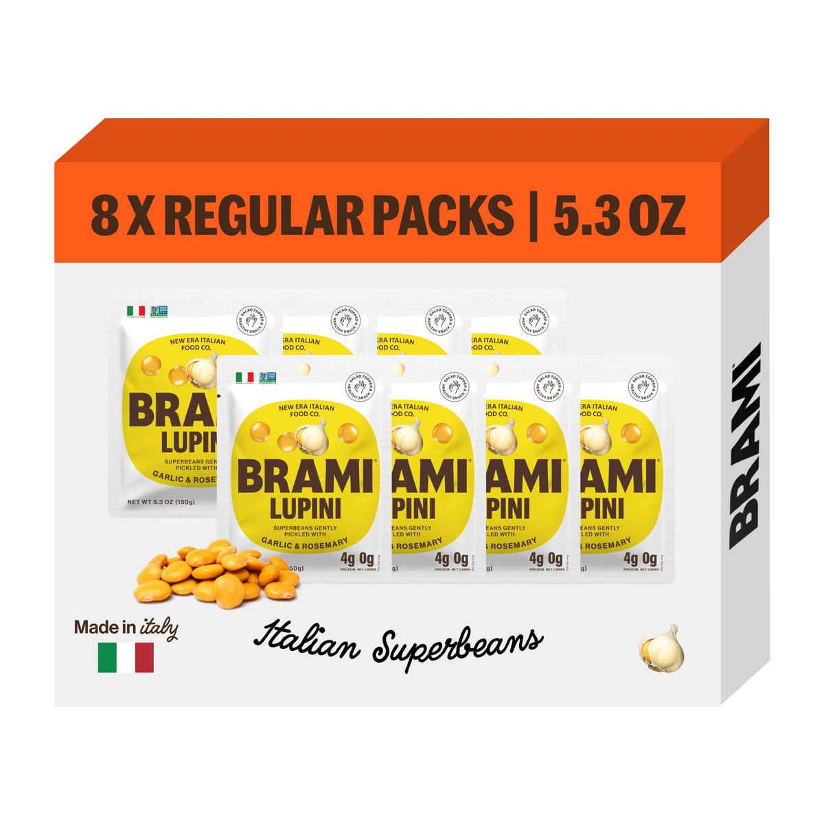 BRAMI Lupini Beans Snacks Garlic & Rosemary – 7g Protein, 0g Net Carbs, 8-Pack