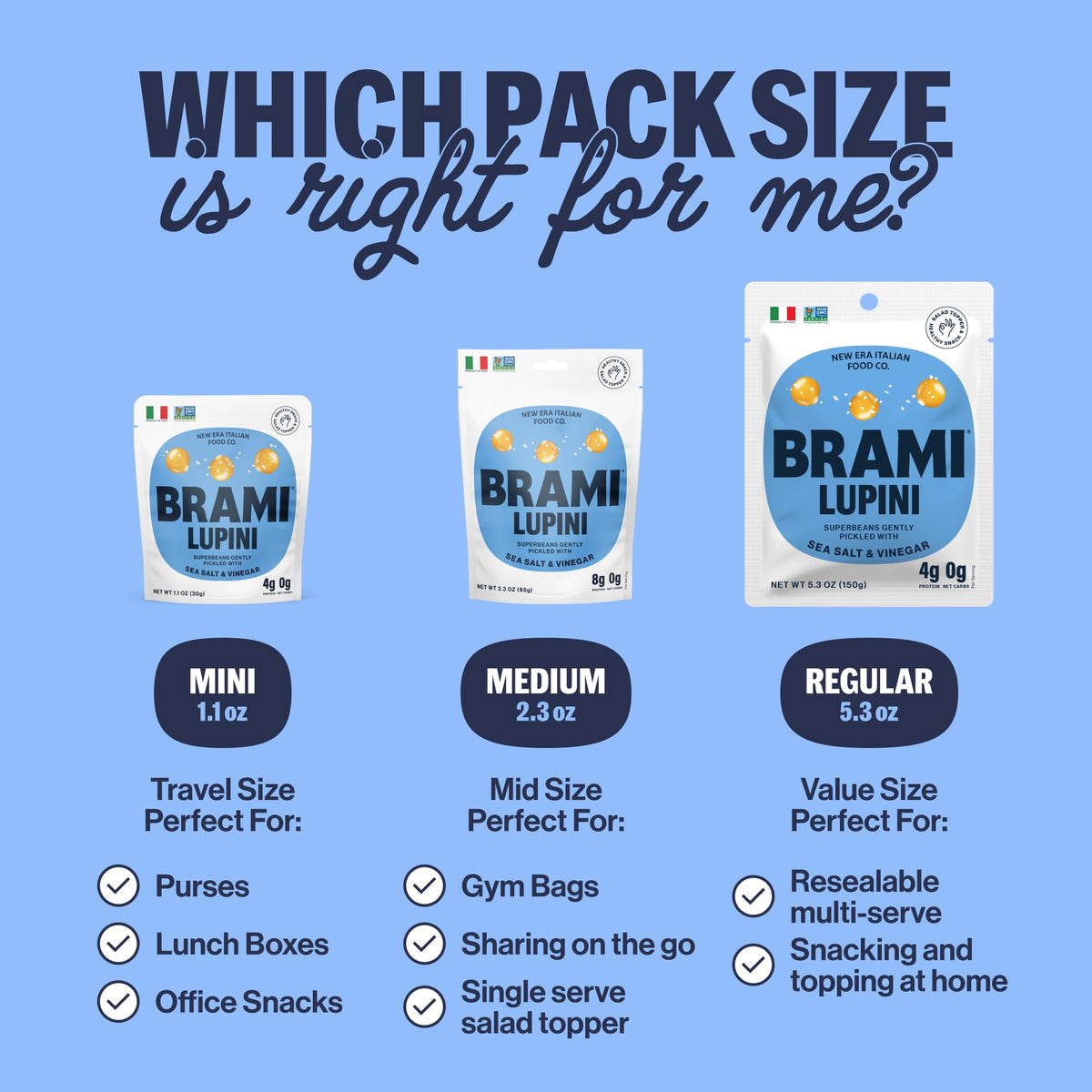 BRAMI Lupini Beans Snack Variety Pack — 7g Protein, 0g Net Carbs | Vegan, Keto, Plant-Based, Non-Perishable (5.3 oz x8)