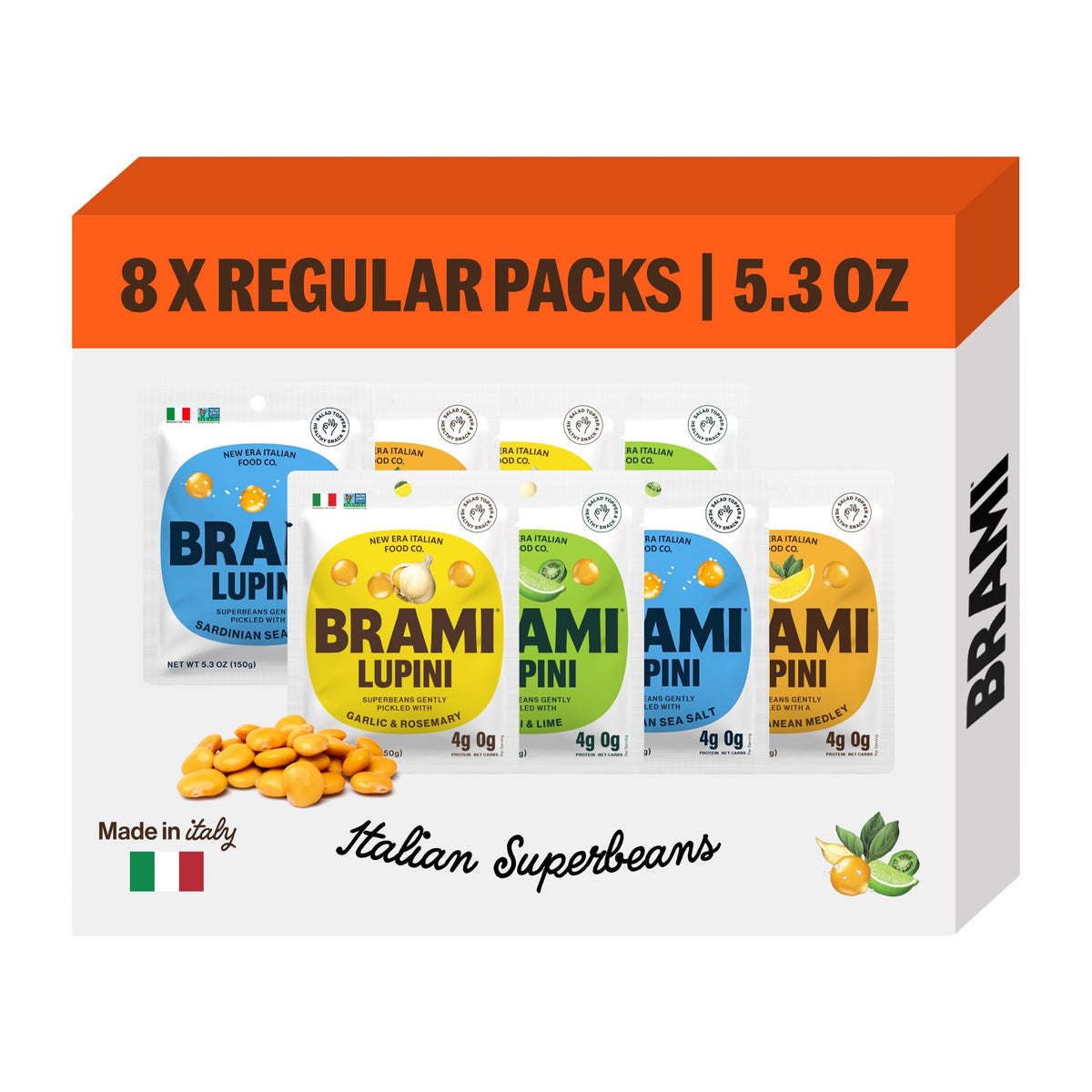 BRAMI Lupini Beans Snack Variety Pack — 7g Protein, 0g Net Carbs | Vegan, Keto, Plant-Based, Non-Perishable (5.3 oz x8)