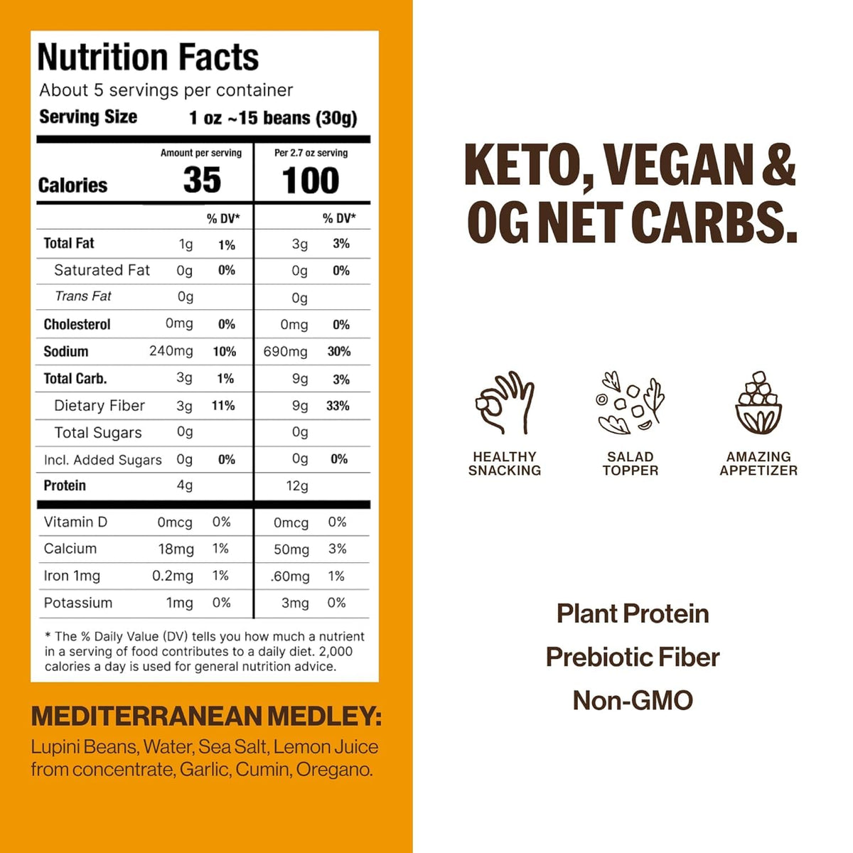 BRAMI Lupini Beans Snacks — Mediterranean Medley | 7g Protein, 0g Net Carbs | Vegan & Keto