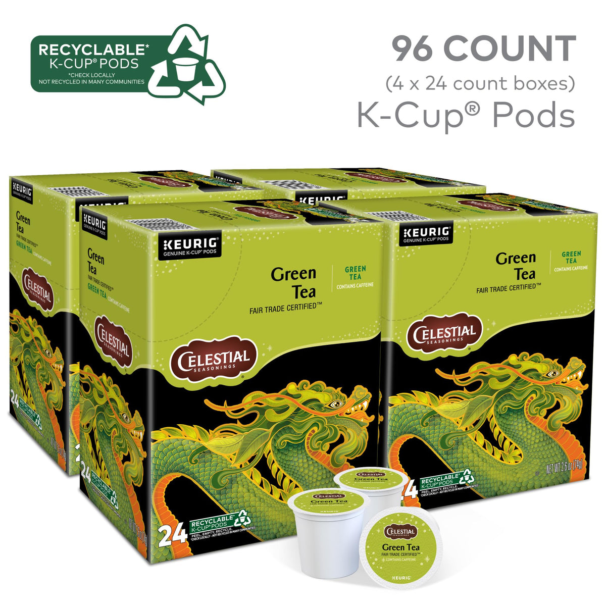 Celestial Seasonings Green Tea K-Cup Pods – 96 Count, Fair Trade, Recyclable
