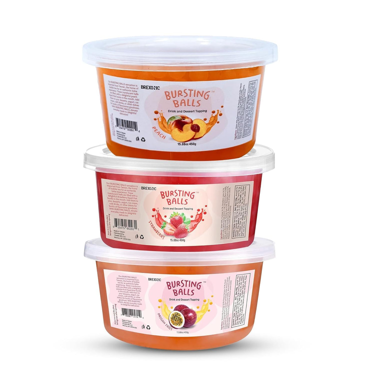 BREXONIC 3 Flavors Popping Boba Pearls – Passion Fruit, Strawberry & Peach, 1 lb Pack