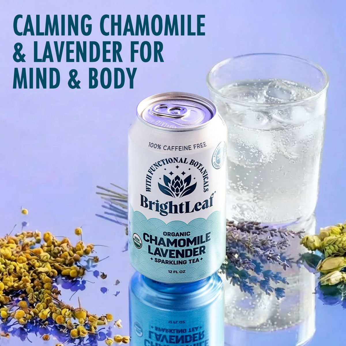 BrightLeaf Chamomile Lavender Sparkling Tea — Calming, Caffeine-Free, Organic 12oz Can