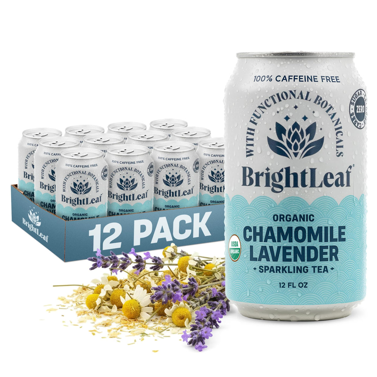 BrightLeaf Chamomile Lavender Sparkling Tea — Calming, Caffeine-Free, Organic 12oz Can