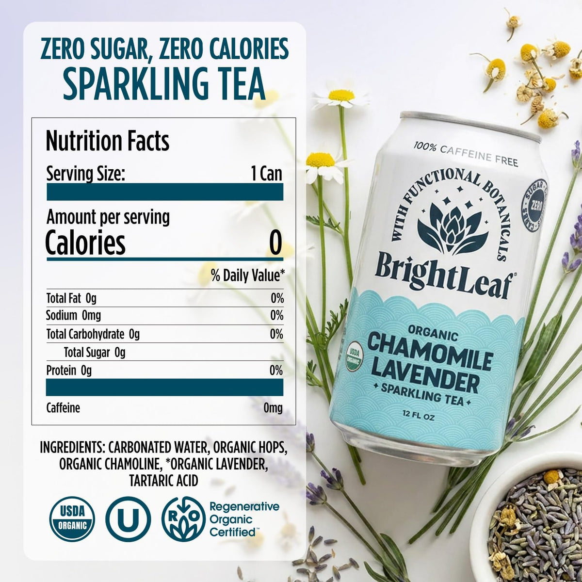 BrightLeaf Chamomile Lavender Sparkling Tea — Calming, Caffeine-Free, Organic 12oz Can