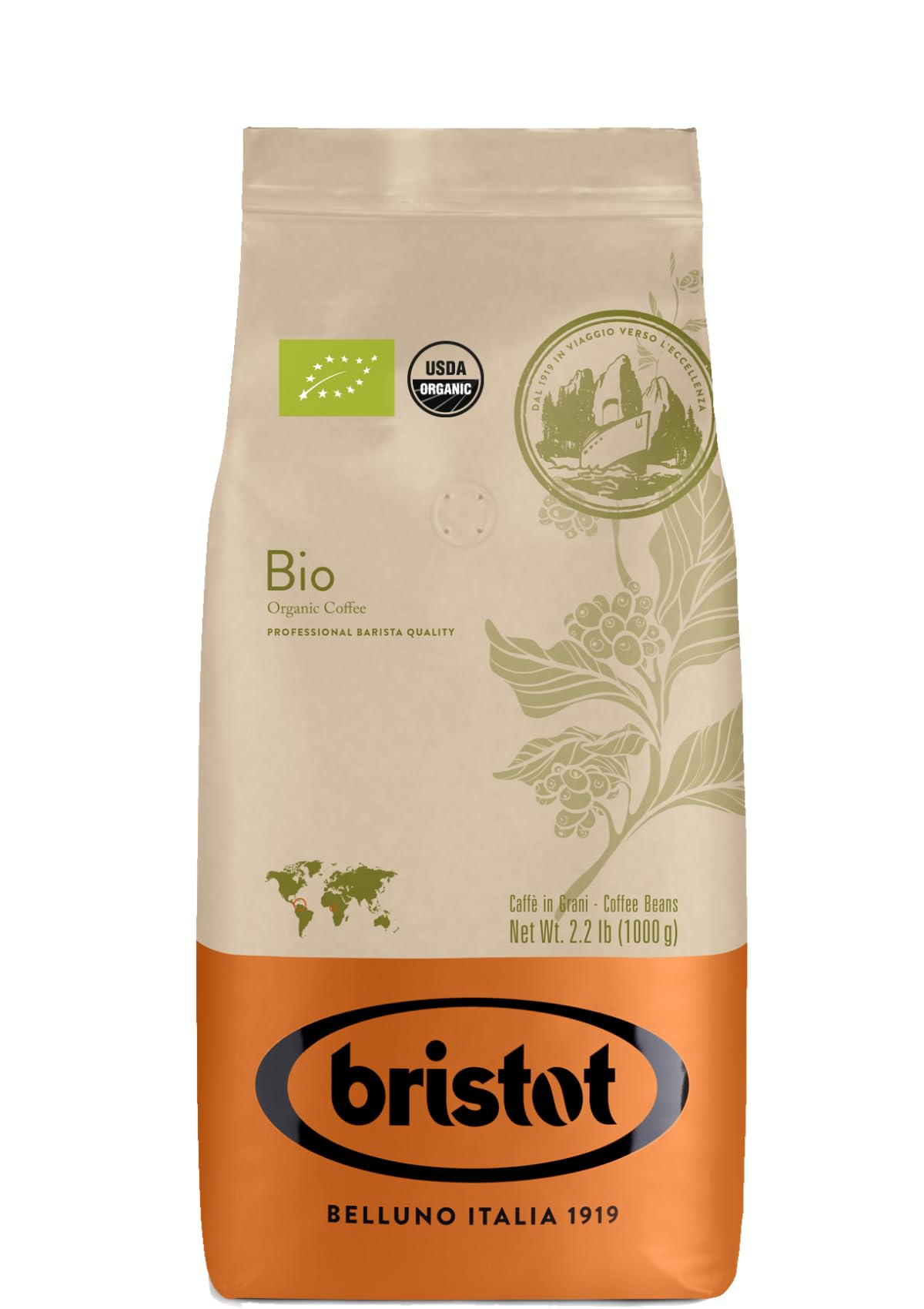 Bristot Bio Organic Italian Whole Espresso Beans – Medium Roast, 1kg | Aromatic with Spices, Caramel & Sandalwood | USDA Organic