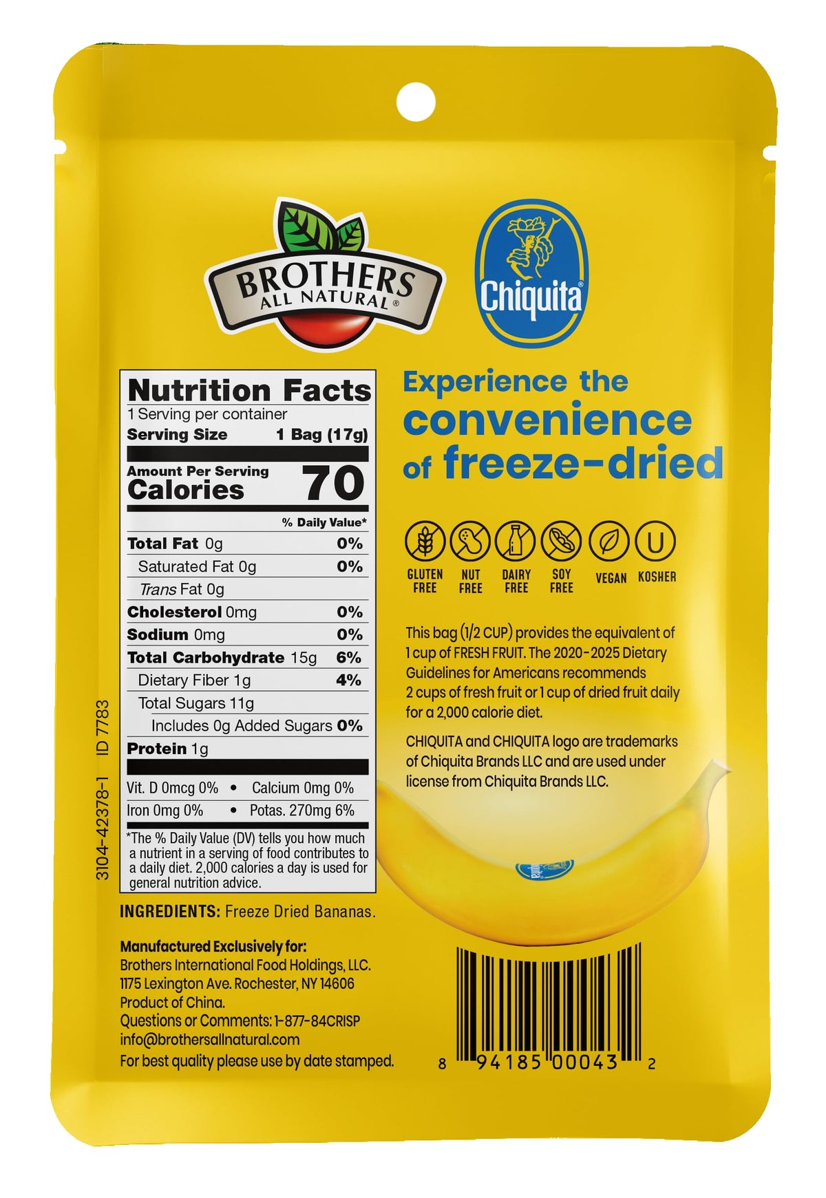 Brothers All Natural Freeze Dried Banana Crisps – 24 Pack (0.59 oz Each) – Gluten Free, Soy Free, Vegan