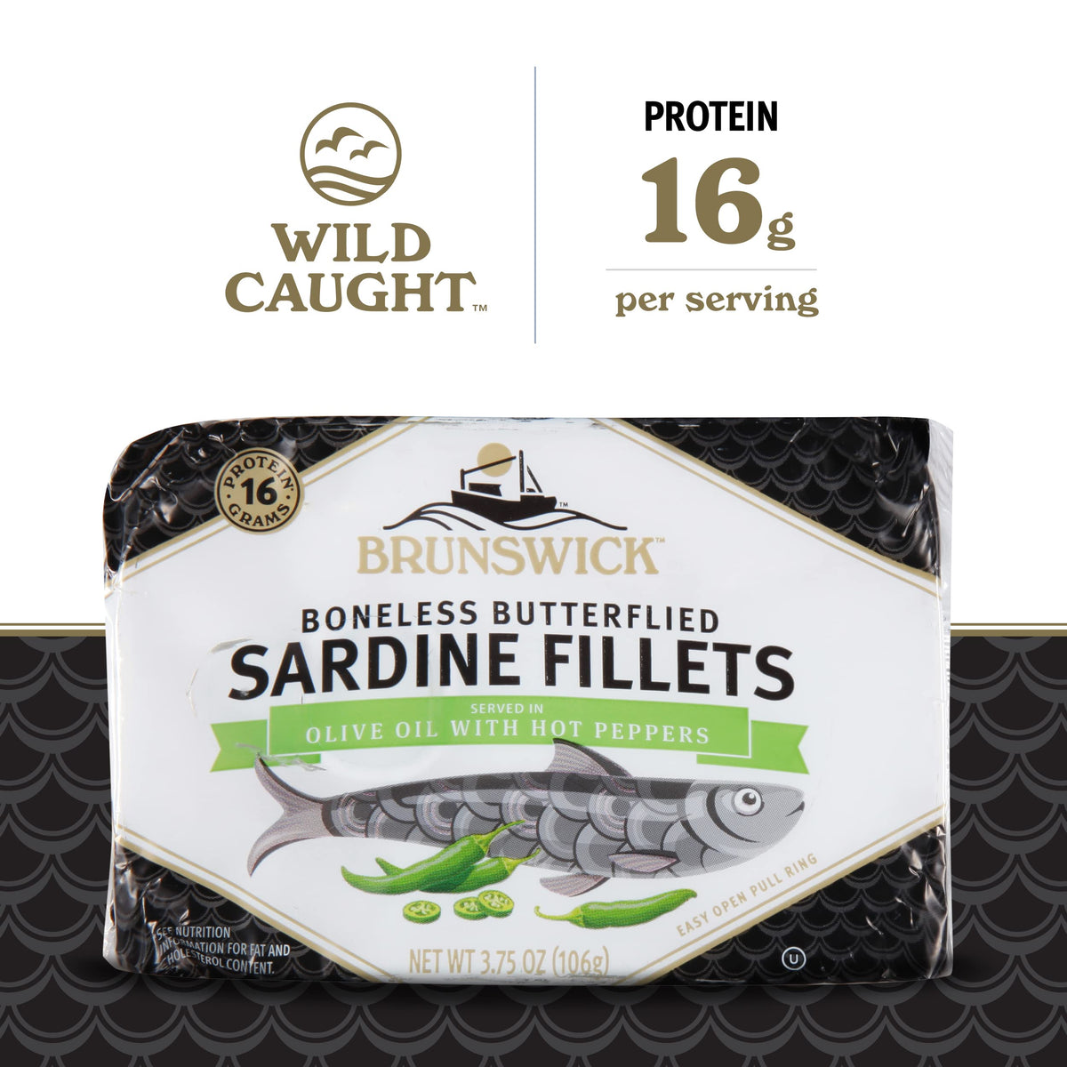 Brunswick Sardines in Olive Oil with Hot Peppers – Wild-Caught, Boneless Butterflied Fillets (12-Pack)