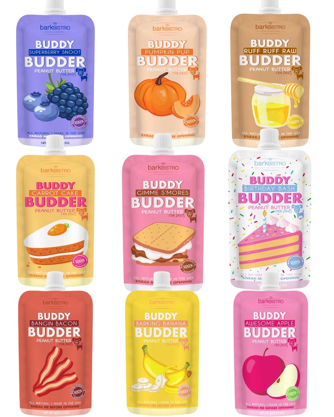 BUDDY BUDDER Dog Peanut Butter — 9 Pack Mixed Flavors, 4oz Pouches, Made in USA