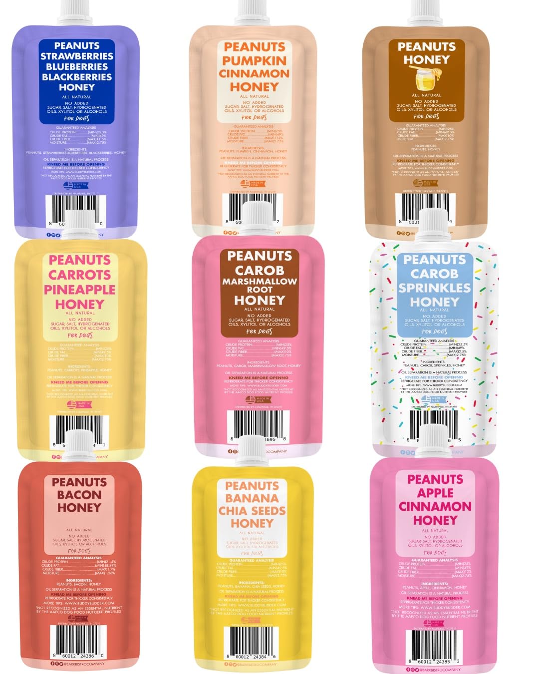 BUDDY BUDDER Dog Peanut Butter — 9 Pack Mixed Flavors, 4oz Pouches, Made in USA