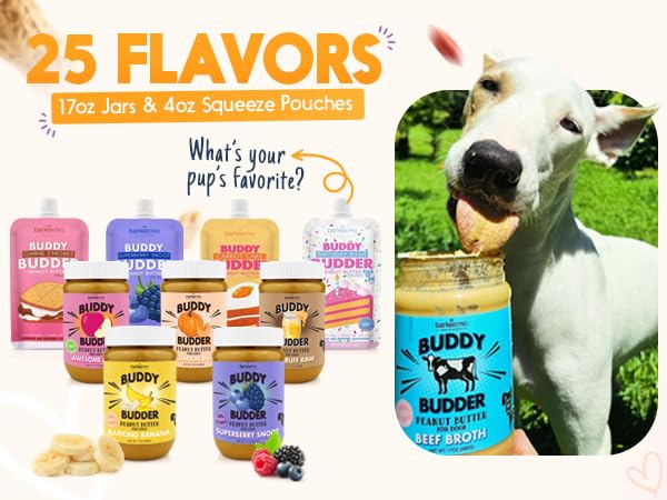BUDDY BUDDER Dog Peanut Butter — 9 Pack Mixed Flavors, 4oz Pouches, Made in USA