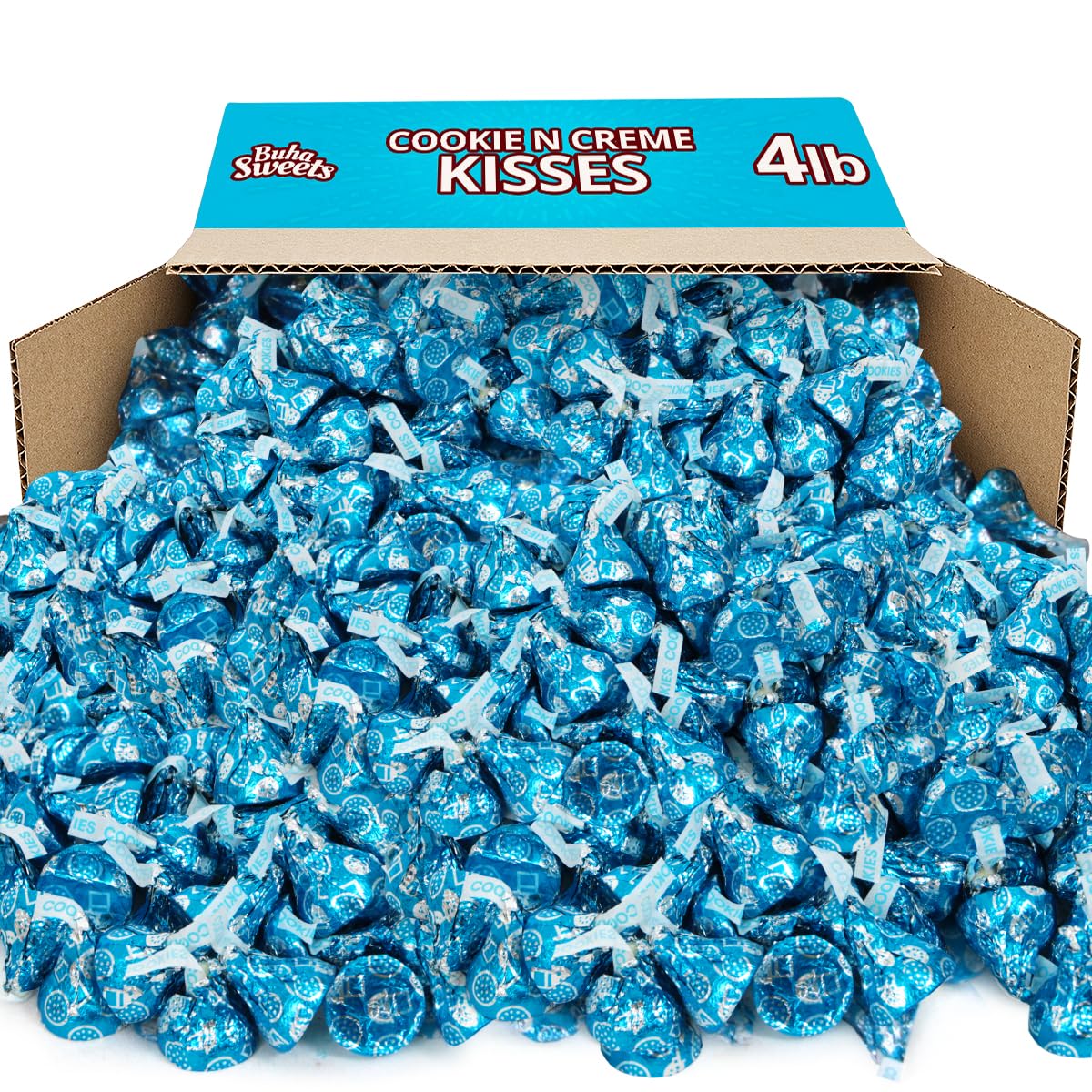 Buha Sweets Cookies & Cream Kisses – 4 lb Bulk Blue Wrapped White Chocolate Candies (Approx. 400)
