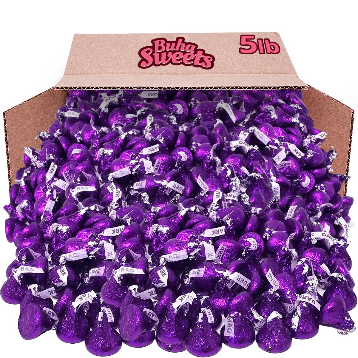 Buha Sweets Bulk Dark Chocolate Kisses – 5 lb Pack, Individually Wrapped in Purple Foil