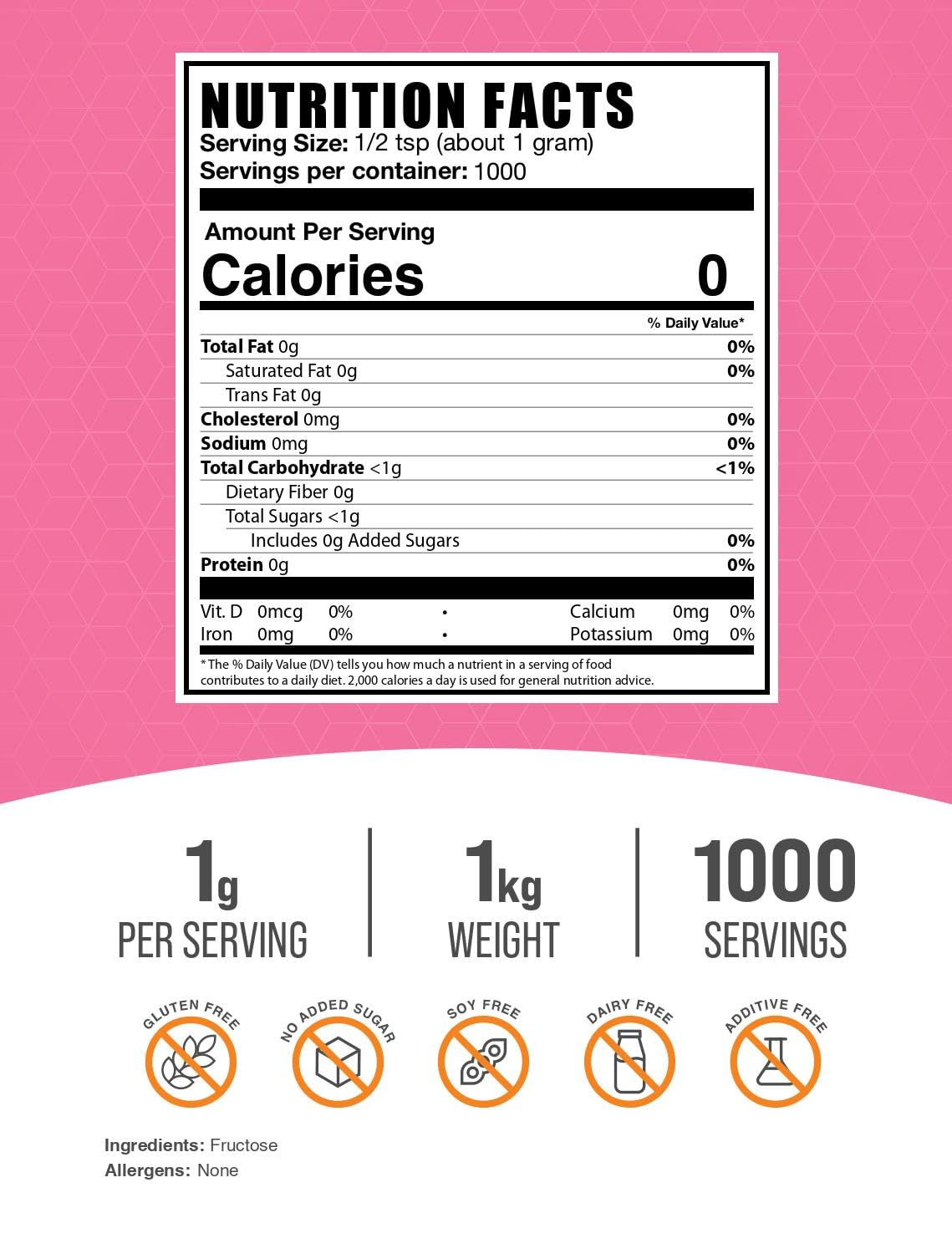 BulkSupplements Fructose Powder – Zero Calorie Sweetener, Gluten Free, 1kg