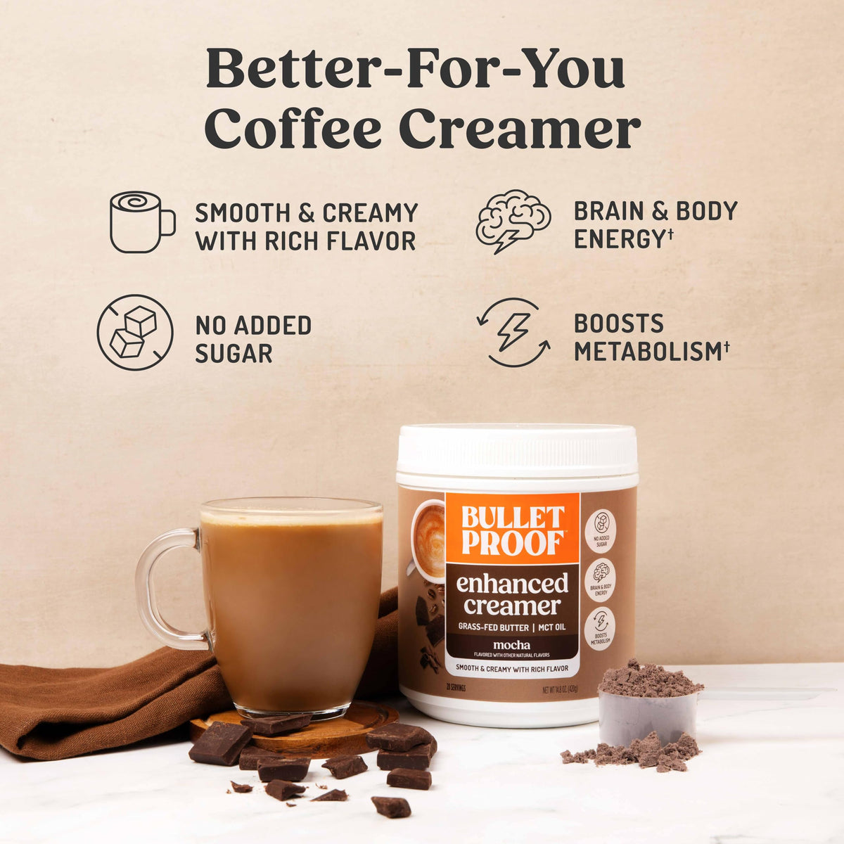 Bulletproof Mocha Creamer – Keto Coffee Creamer with MCT Oil, Grass-Fed Butter, Real Cocoa | No Sugar Added