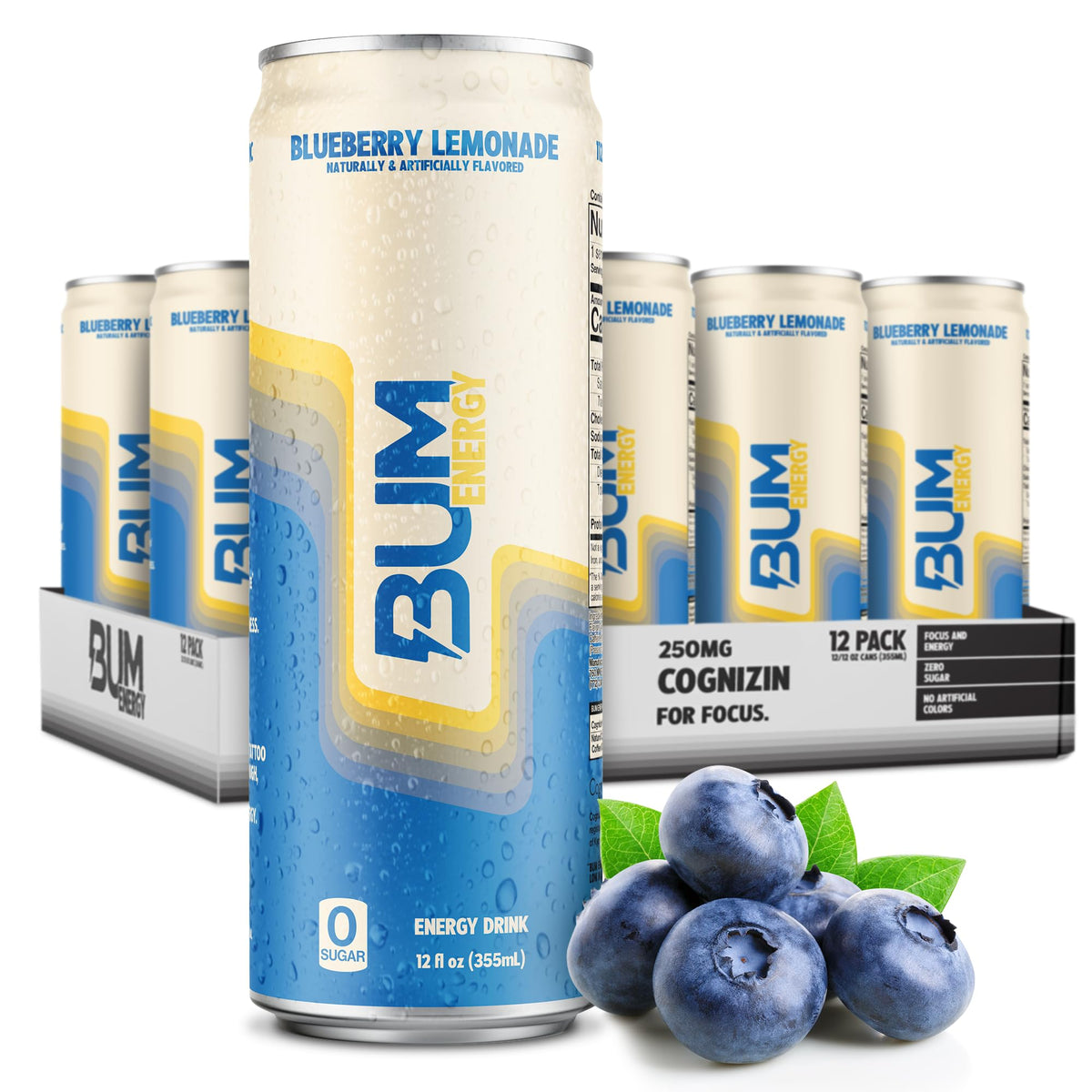 BUM Sugar-Free Energy Drink – Blueberry Lemonade, Natural Caffeine & Cognizin | 12-Pack