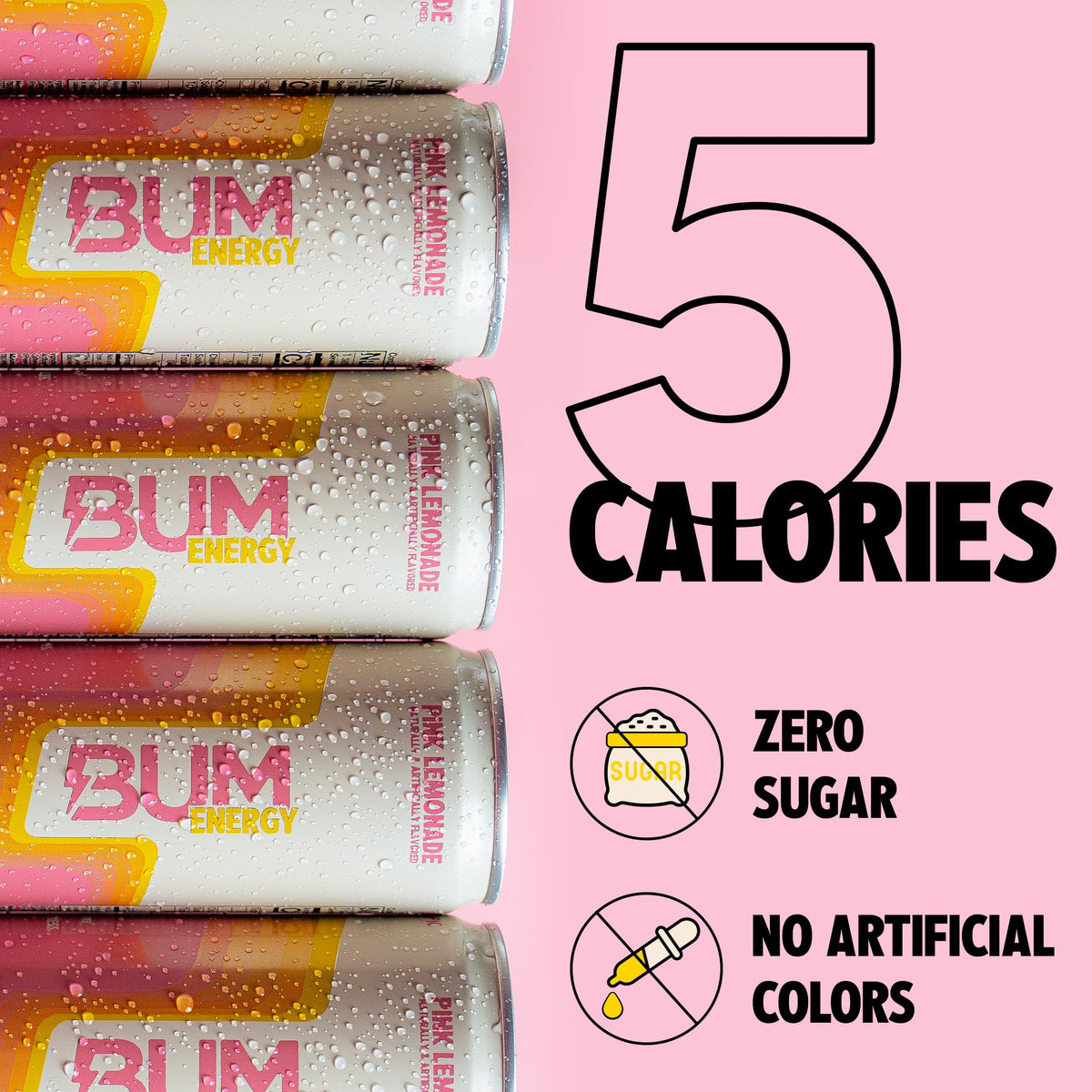 BUM Sugar-Free Pink Lemonade Energy Drink — Natural Caffeine & Cognizin, Lightly Carbonated, 12 oz (12-Pack)