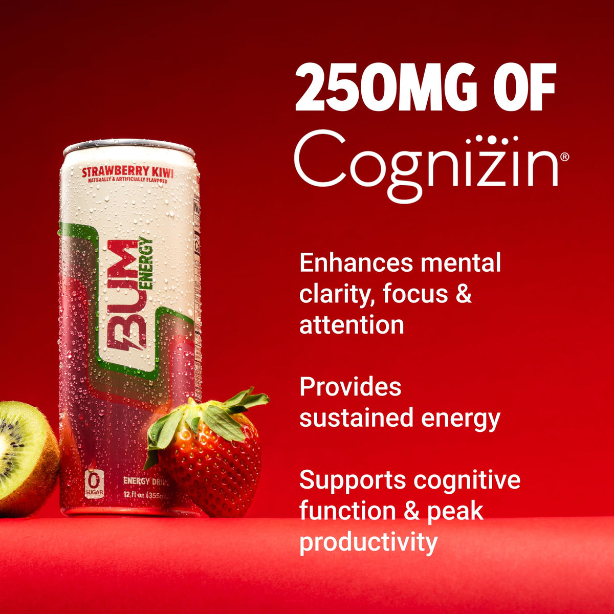 Bum Energy Sugar-Free Strawberry Kiwi – Clean Energy with Cognizin & Natural Caffeine (12 Pack)
