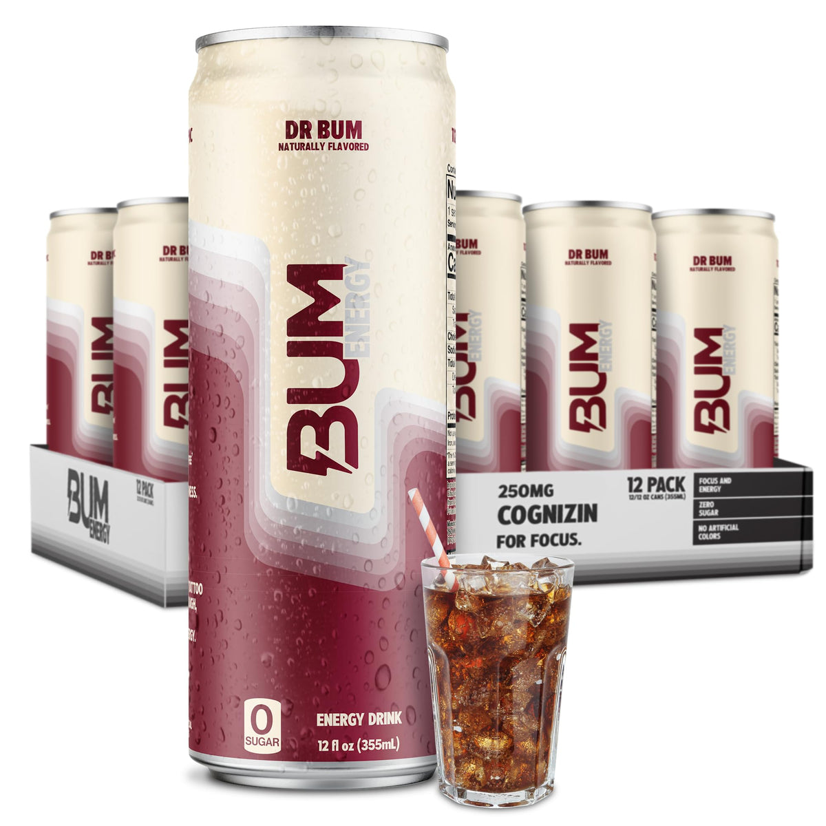 BUM Sugar-Free Energy Drink by Dr Bum – Lightly Carbonated, Natural Caffeine & Cognizin for Focus | 12 oz, 12-Pack