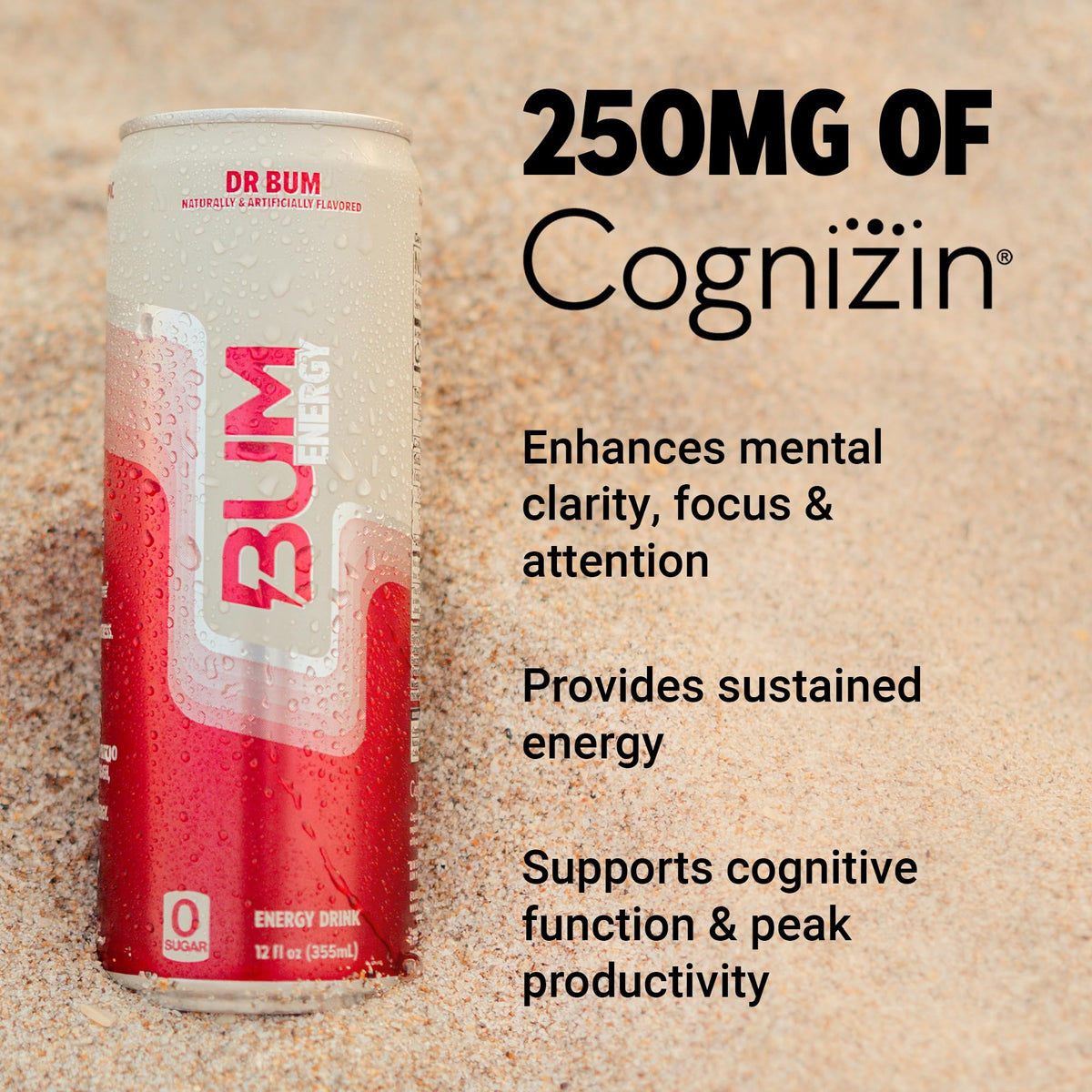 BUM Sugar-Free Energy Drink by Dr Bum – Lightly Carbonated, Natural Caffeine & Cognizin for Focus | 12 oz, 12-Pack