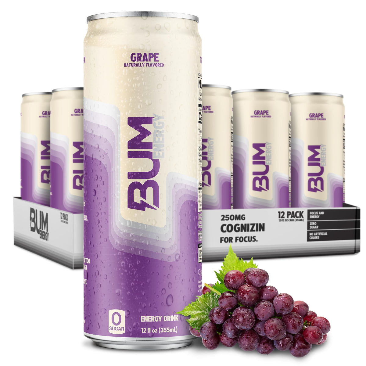 Bum Energy Grape — Sugar-Free, Natural Caffeine & Cognizin, 12 oz (12-Pack)