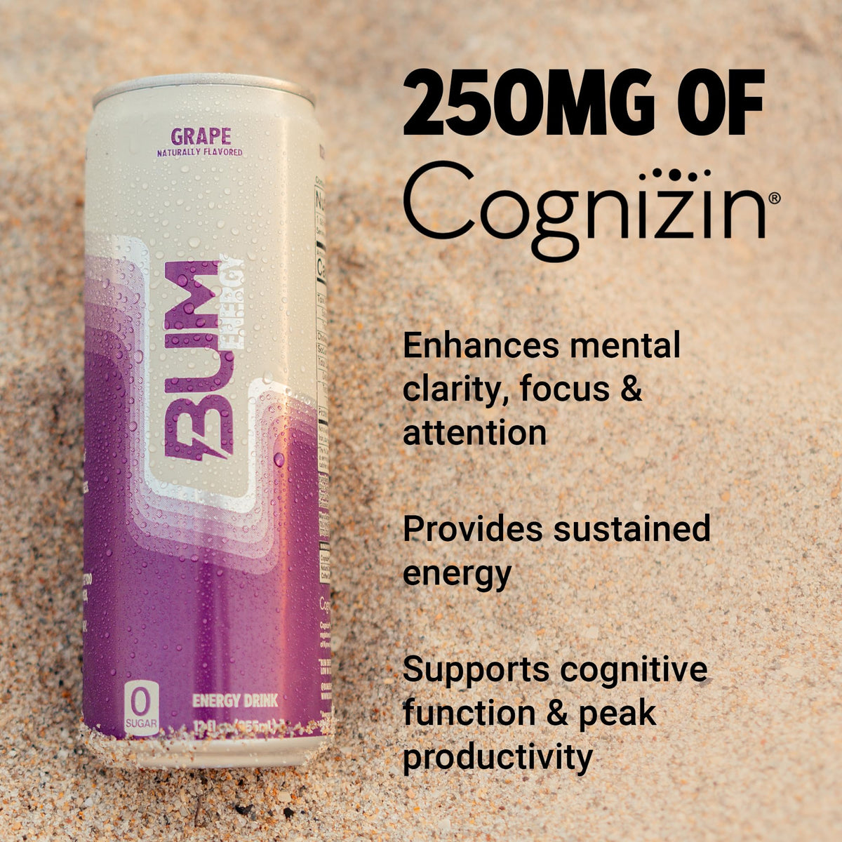 Bum Energy Grape — Sugar-Free, Natural Caffeine & Cognizin, 12 oz (12-Pack)