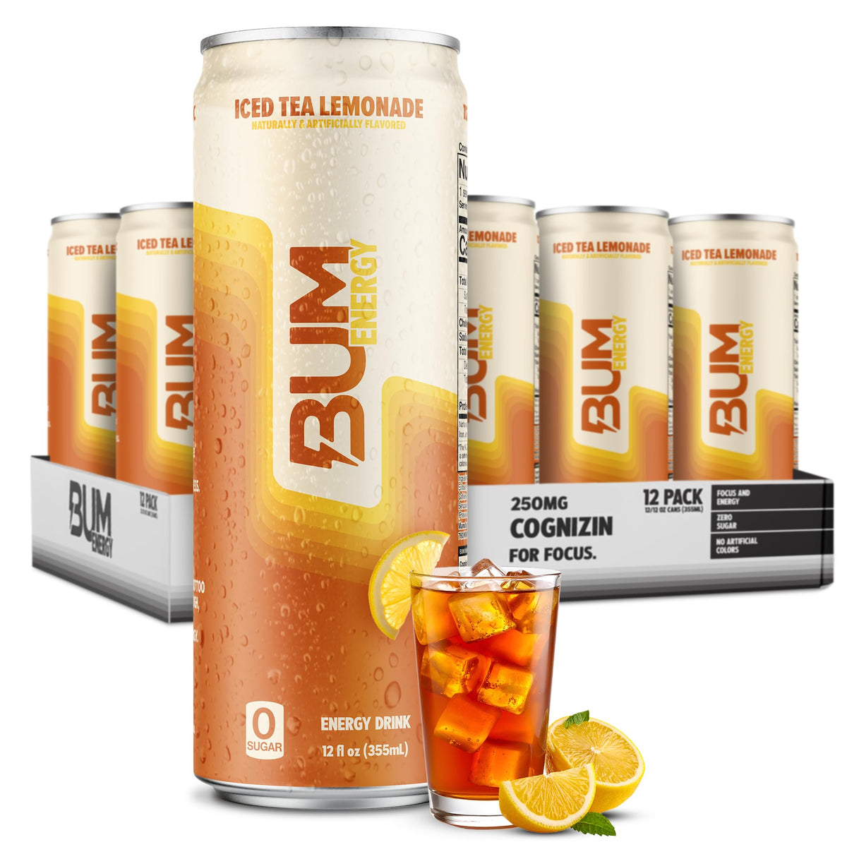 BUM Sugar-Free Energy Drink Iced Tea Lemonade – Natural Caffeine & Cognizin for Focus | 12 oz Can, Pack of 12