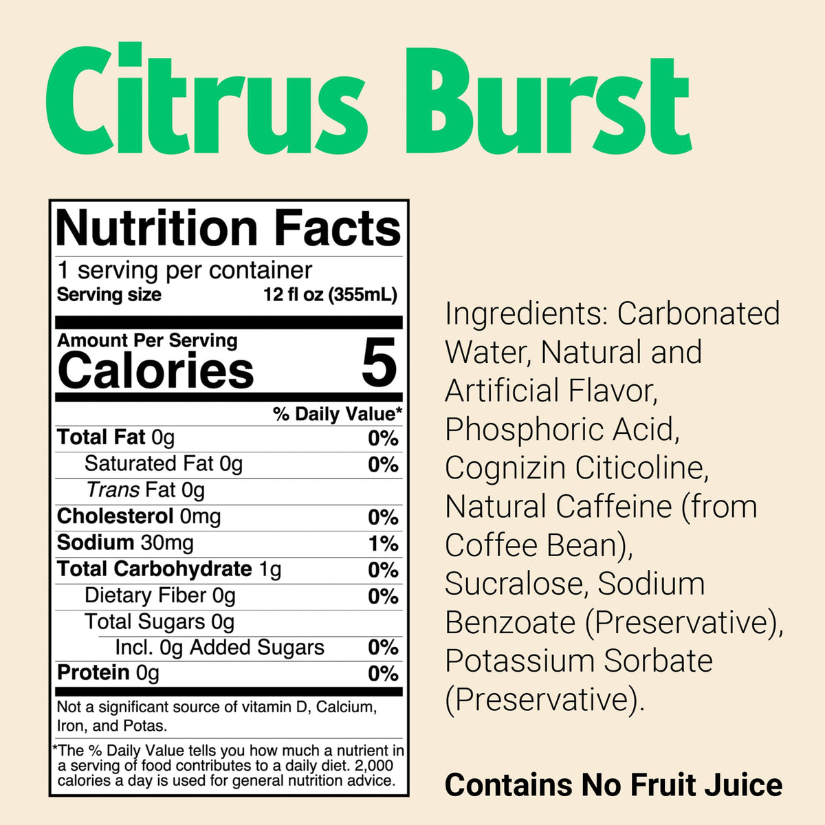 BUM Sugar-Free Citrus Burst Energy Drink — Lightly Carbonated with Natural Caffeine & Citicoline | 12 oz Pack of 12