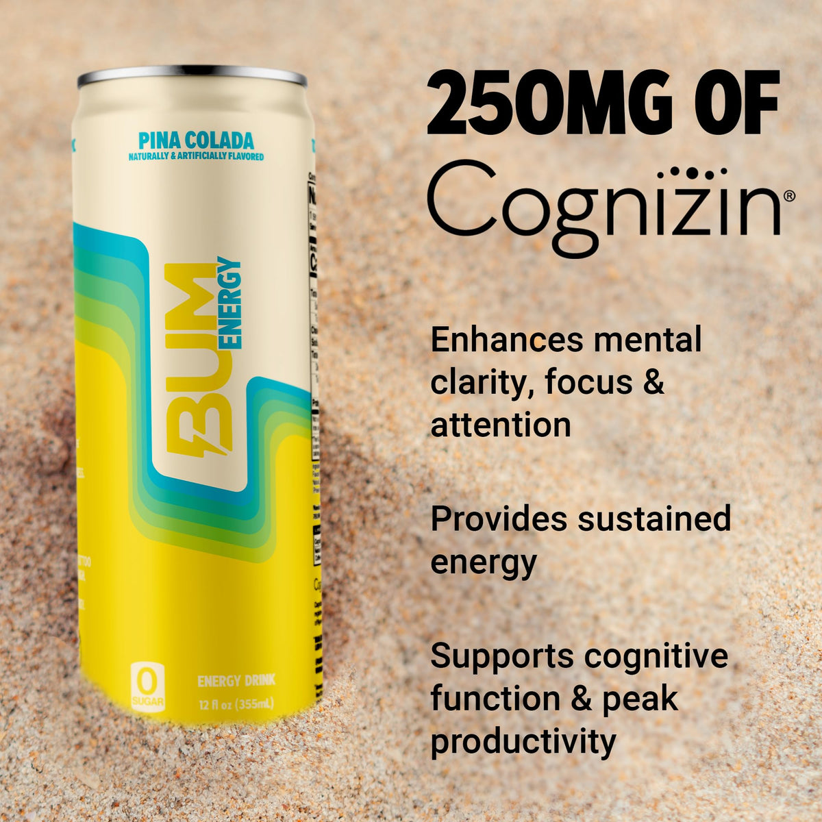 BUM Sugar-Free Pina Colada Energy Drink – Natural Caffeine & Cognizin, 12 oz (12-pack)