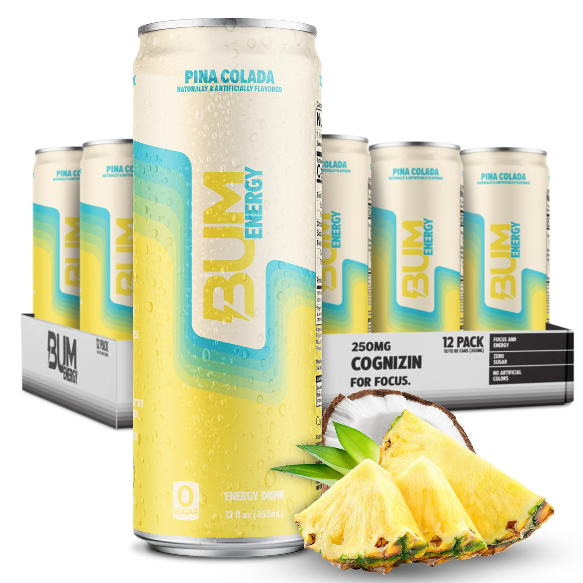 BUM Sugar-Free Pina Colada Energy Drink – Natural Caffeine & Cognizin, 12 oz (12-pack)