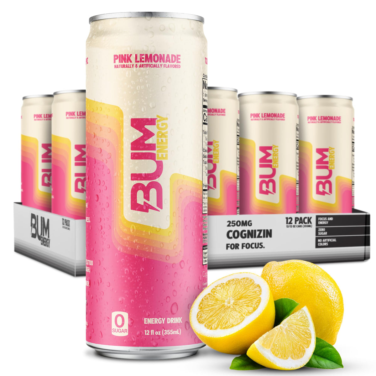 BUM Sugar-Free Pink Lemonade Energy Drink — Natural Caffeine & Cognizin, Lightly Carbonated, 12 oz (12-Pack)