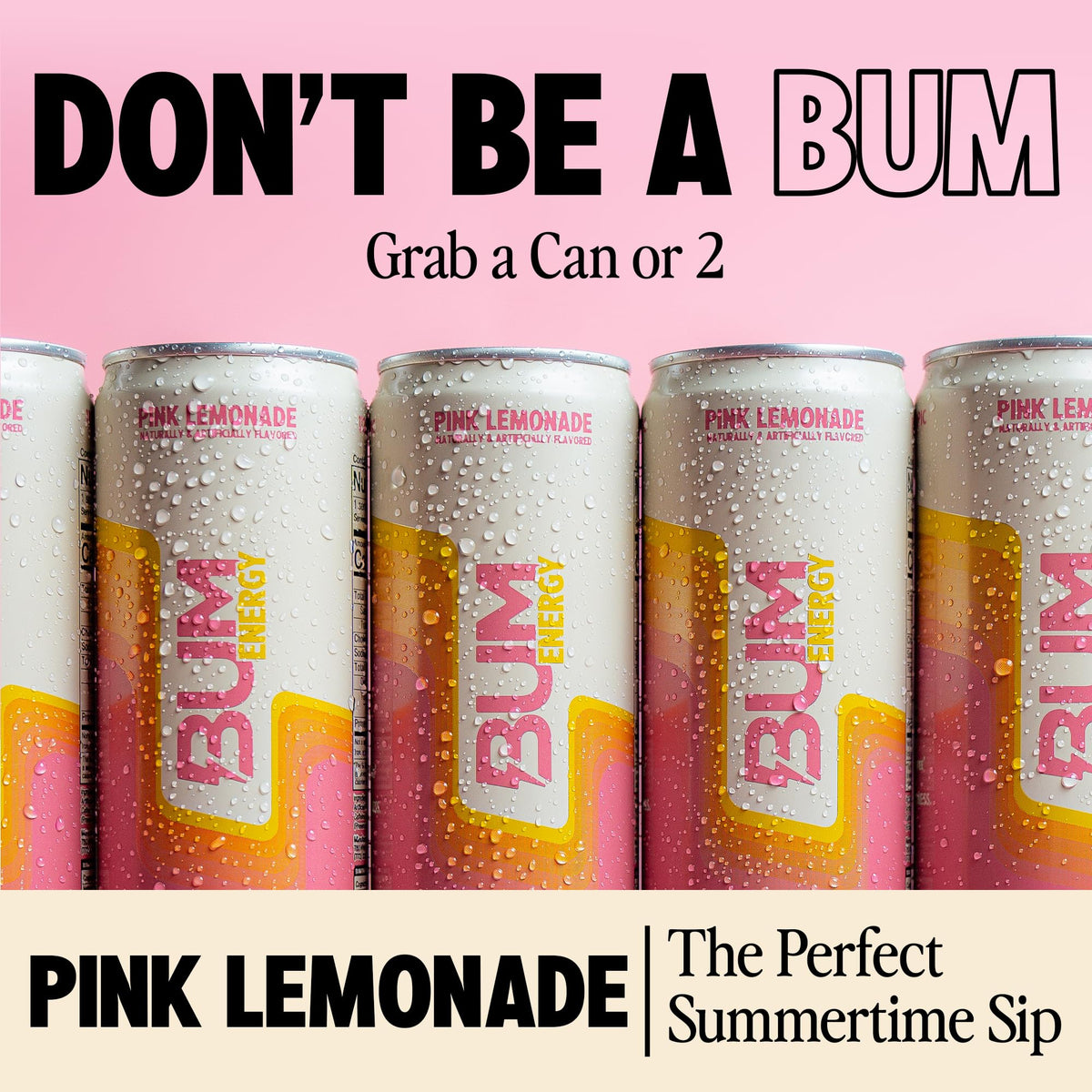 BUM Sugar-Free Pink Lemonade Energy Drink — Natural Caffeine & Cognizin, Lightly Carbonated, 12 oz (12-Pack)