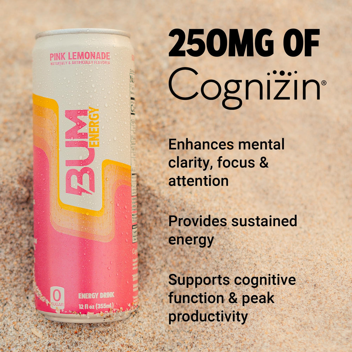 BUM Sugar-Free Pink Lemonade Energy Drink — Natural Caffeine & Cognizin, Lightly Carbonated, 12 oz (12-Pack)