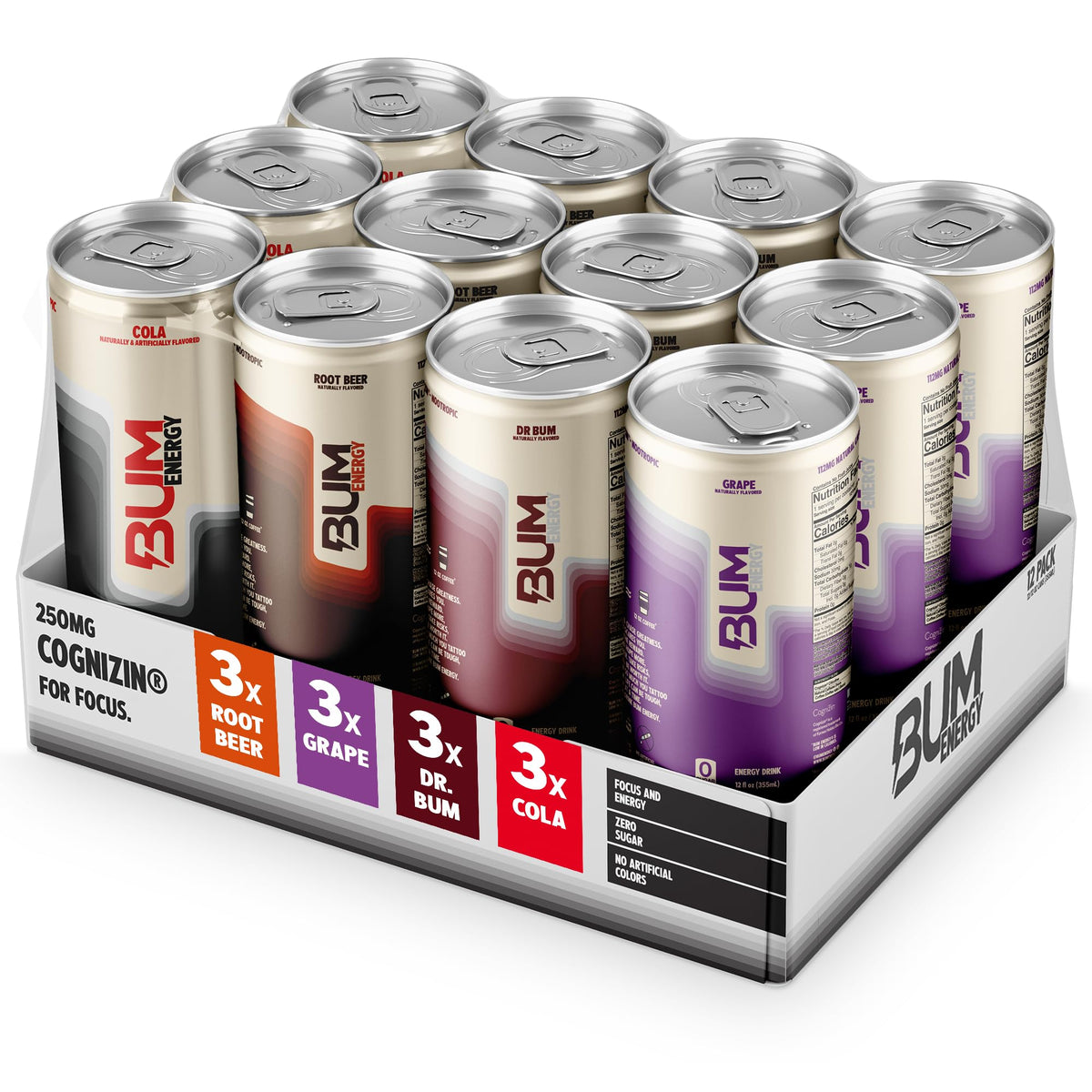 Bum Energy Zero Sugar Variety Pack – Root Beer, Dr. Bum, Cola & Grape – Natural Caffeine & Cognizin for Focus & Energy – 12 fl oz (12-Pack)