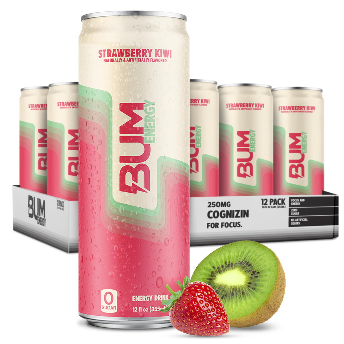 Bum Energy Sugar-Free Strawberry Kiwi – Clean Energy with Cognizin & Natural Caffeine (12 Pack)