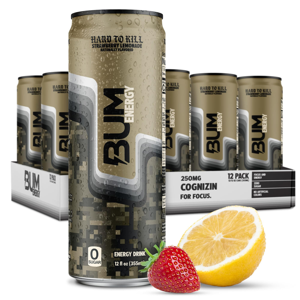 Bum Energy Sugar-Free Strawberry Lemonade – Natural Caffeine & Cognizin, Zero Artificial Colors, 12 oz (12-Pack)