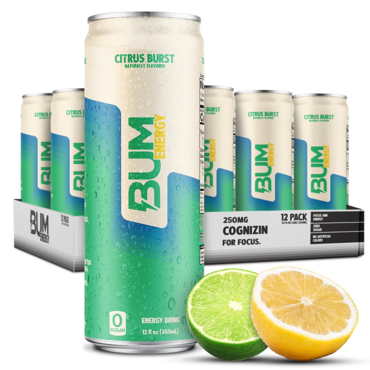 BUM Sugar-Free Citrus Burst Energy Drink — Lightly Carbonated with Natural Caffeine & Citicoline | 12 oz Pack of 12