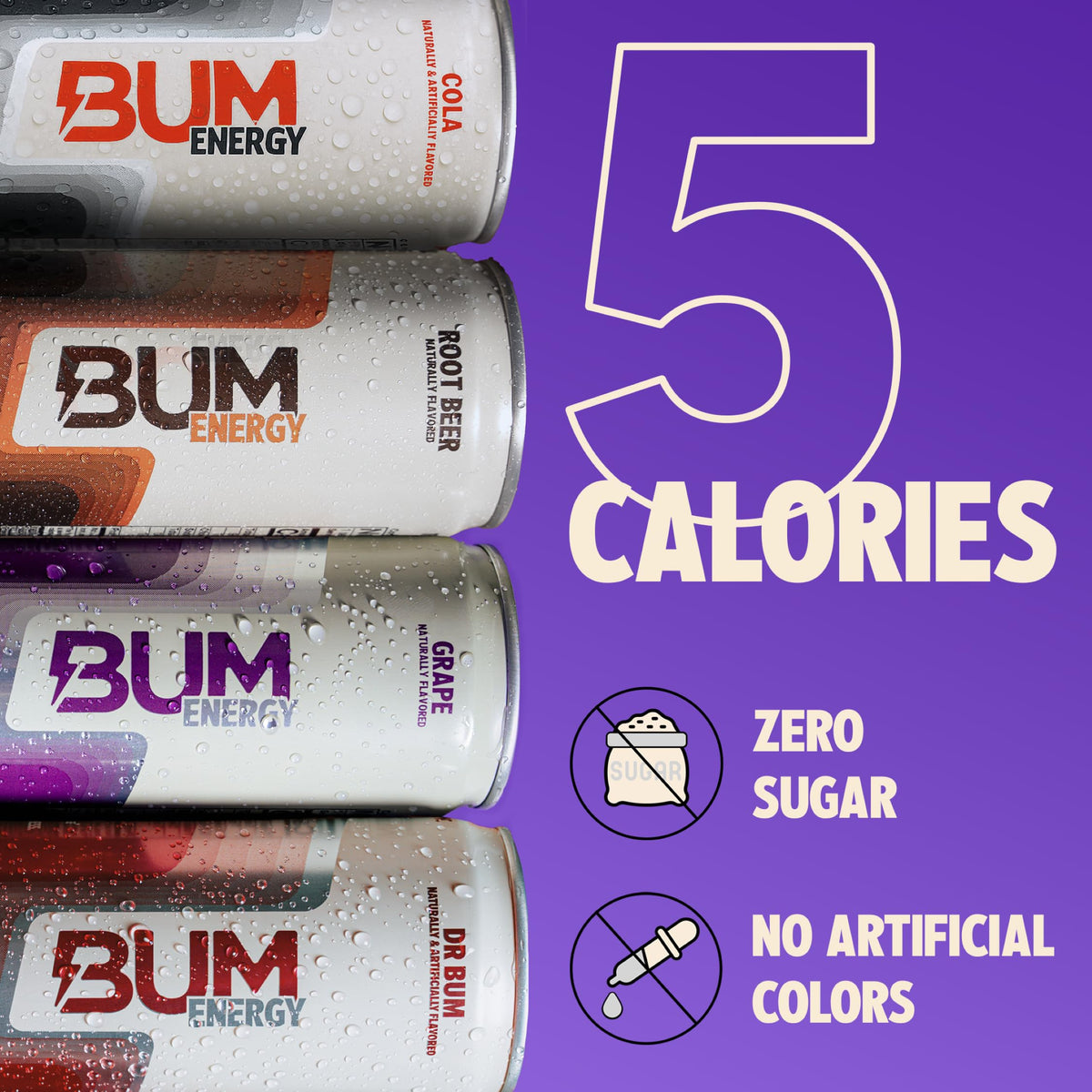 Bum Energy Zero Sugar Variety Pack – Root Beer, Dr. Bum, Cola & Grape – Natural Caffeine & Cognizin for Focus & Energy – 12 fl oz (12-Pack)