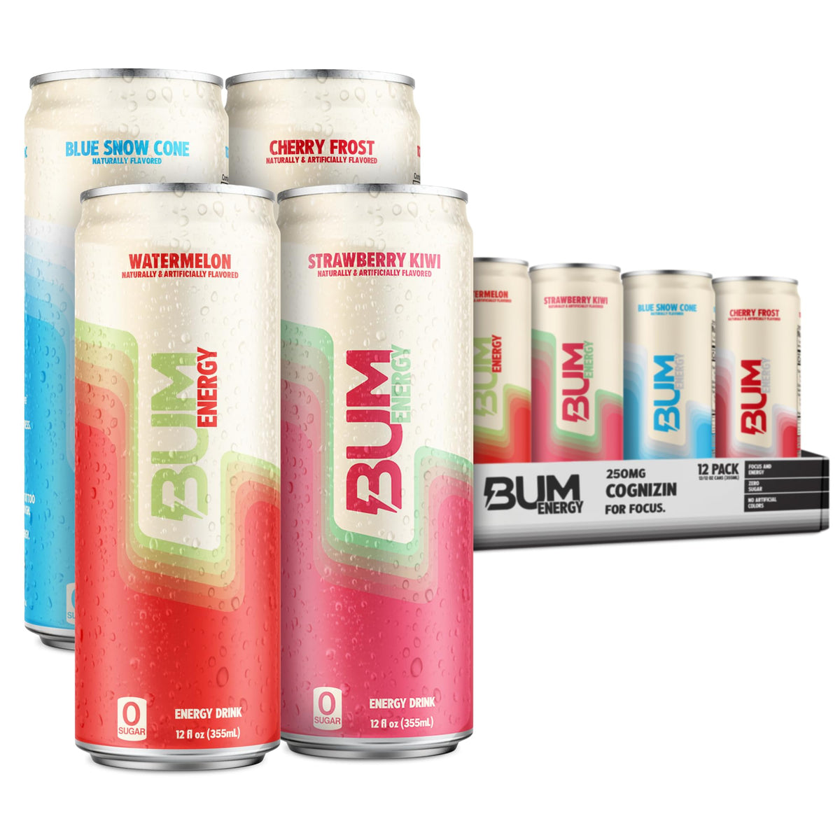 BUM Sugar-Free Energy Drink – Fruit Variety Pack | Natural Caffeine & Cognizin, 12 oz Cans (Pack of 12)