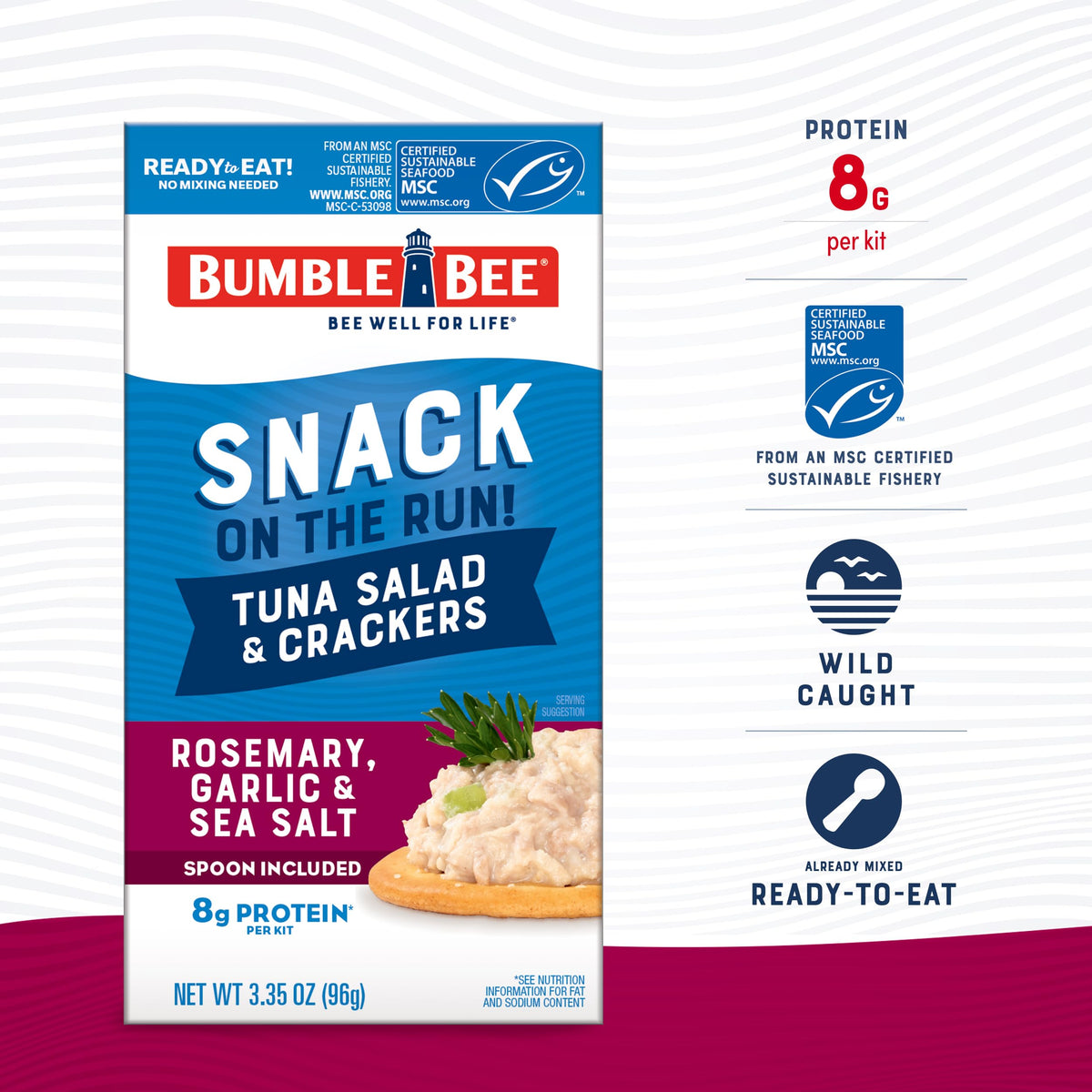 Bumble Bee Snack On The Run! Protein Pack – Rosemary Garlic Sea Salt Tuna Salad with Crackers Kit, Wild Caught MSC Tuna (Pack of 12)