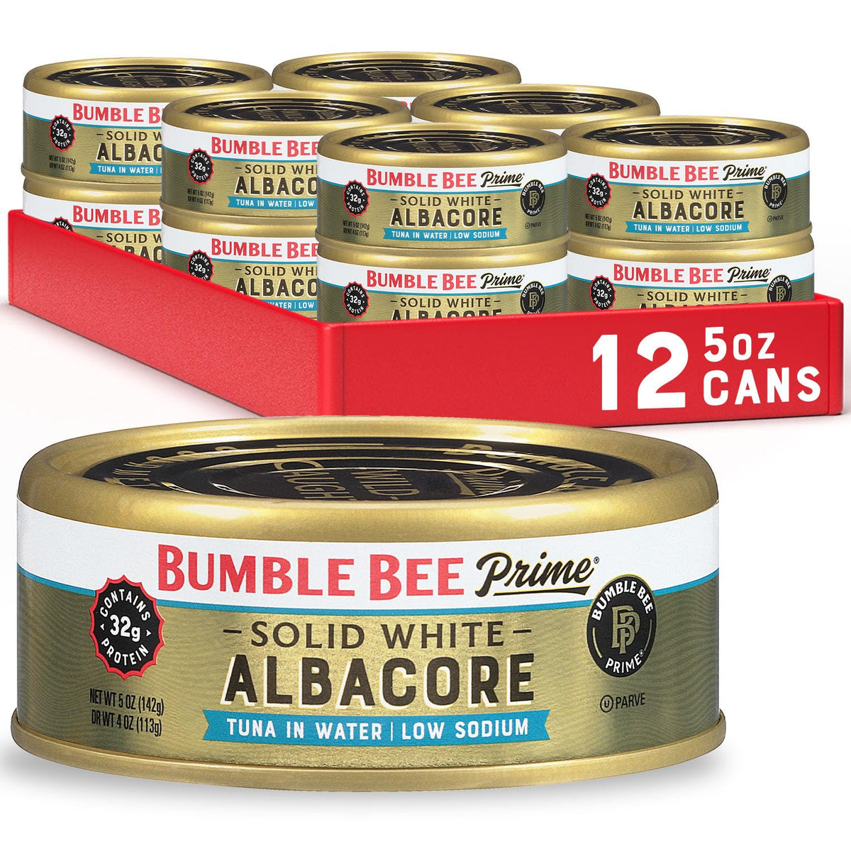 Bumble Bee Prime Low Sodium Solid White Albacore Tuna in Water – 5 oz Cans (12 Pack) | 32g Protein