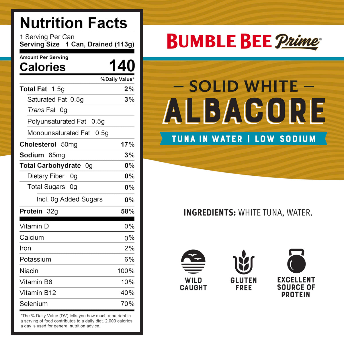 Bumble Bee Prime Low Sodium Solid White Albacore Tuna in Water – 5 oz Cans (12 Pack) | 32g Protein